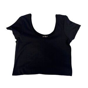 Just Polly Black Bodysuit XL Ribbed Short Sleeve Stretch Snap Bottom